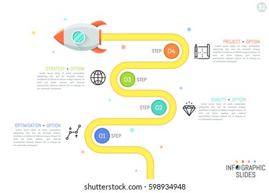 Modern infographic design template with flying rocket, 4 numbered circular elements, linear pictograms and text boxes. Four steps of optimization process. Vector illustration for banner, website.