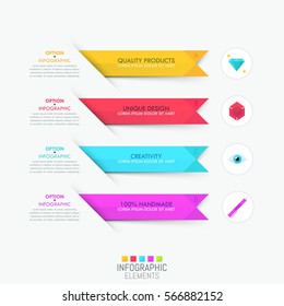 Modern infographic design template. Four colorful rectangular elements placed one above other, text boxes and pictograms. Steps of creative process concept. Vector illustration for website, banner.