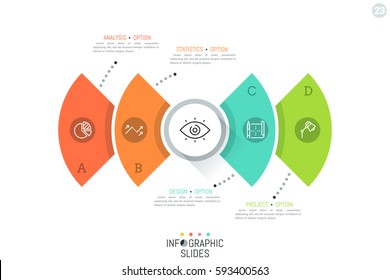 Modern infographic design template. Four colorful elements connected with text boxes and circular element with eye pictogram in center. Broadcast concept. Vector illustration for report, presentation.