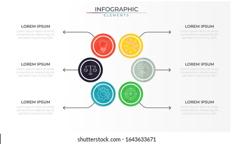 Modern infographic design template with icons and six circle plan. Data process visualization. Vector for company and corporate business project and presentation. Eps 10