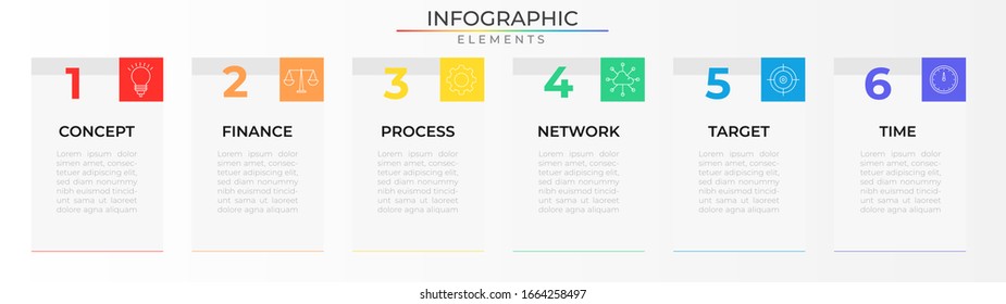 Modern infographic design template with icons and six steps target. Data process visualization. Vector illustration for company and corporate business project and presentation. Eps 10