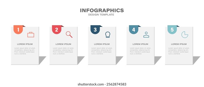Modern infographic design template with icons and five strategy plan. Data process visualization.