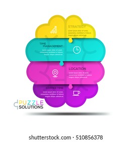 Modern infographic design template, jigsaw puzzle in shape of human brain divided into 4 pieces. Business thinking, strategy planning and time management concept. Vector illustration for presentation.