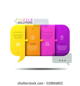 Modern infographic design template, jigsaw puzzle in shape of speech bubble divided into 4 pieces. Global communication, cooperation and teamwork concept. Vector illustration for presentation, banner.