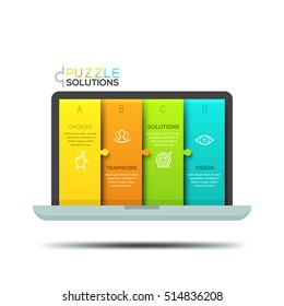 Modern infographic design template, jigsaw puzzle in shape of laptop screen divided into 4 pieces. Internet online service features and options concept. Vector illustration for website, banner, ad.