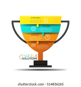 Modern infographic design template, jigsaw puzzle in shape of champion cup divided into 4 pieces. Championship strategy, tournament and competition concept. Vector illustration for website, ad.