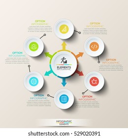 Plantilla moderna de diseño gráfico - diagrama circular con círculo central y flechas apuntadas a 6 elementos circulares. Seis pasos de creación de productos de software. Ilustración vectorial para el sitio web, presentación.