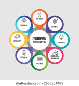 Modern infographic design template. Simple circular diagram with 8 successively connected round elements