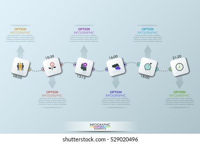 Modern infographic design template: six squares and text boxes connected by dotted lines and arrows. Daily schedule and appointments planning concept. Vector illustration for website, blog, banner.