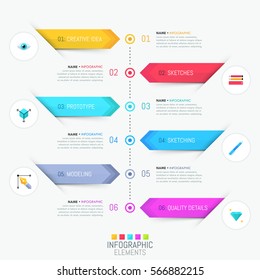 Modern infographic design template. Six numbered multicolored stripes, text boxes and pictograms. Timeline or website menu concept. Vector illustration for presentation, banner, report, brochure.