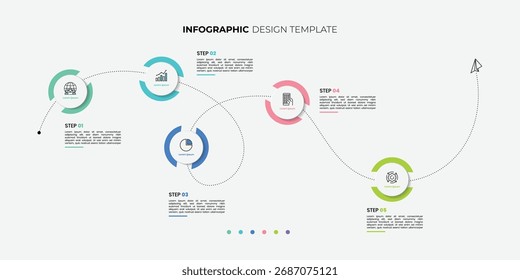 Modelo de design de Infográfico moderno. Conceito de linha do tempo com 5 etapas. Pode ser usado para layout de fluxo de trabalho, diagrama, banner, webdesign. Avião infográfico de viagem