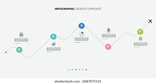 Moderne Infografik-Design-Vorlage. Zeitleistenkonzept mit 5 Schritten. Kann für Workflow-Layout, Diagramm, Banner, Webdesign verwendet werden. Infografik für die Reise