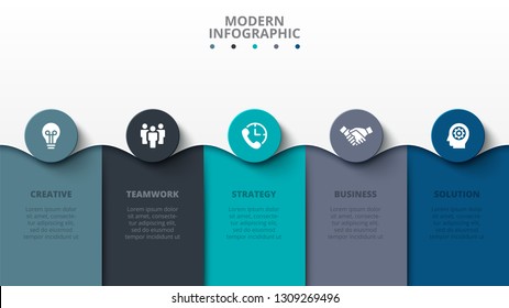 Modelo de design moderno de infográfico. Ilustração vetorial. Diagramas abstratos com 5 etapas, opções, peças ou processos.