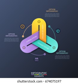 Moderne Infografik-Design-Vorlagen mit 3 bunten Kettenverknüpfungen, dünnen Piktogrammen und Textfeldern. Drei voneinander abhängige Merkmale des Business Process Concept. Vektorgrafik.