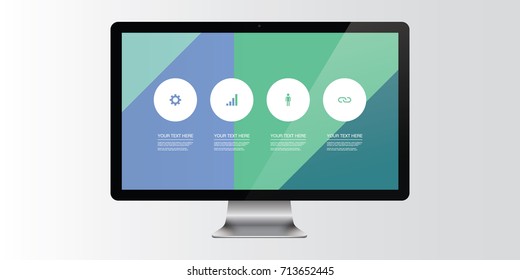 Modern infographic design with web icons on realistic 3D computer screen Eps 10 stock vector illustration