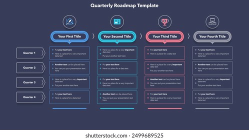 Modern infographic digram for quarterly roadmap with four sections - dark version. Flat infographic design for website or data presentation.