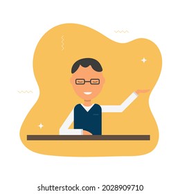 Modern Infographic Element With Male Presentation For Brochure Design. Cartoon People Vector Illustration. The Person Points With His Hand, Here You Can Place Your Product, Ad, Inscription