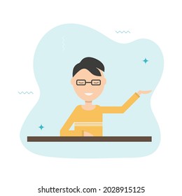 Modern Infographic Element With Male Presentation For Brochure Design. Cartoon People Vector Illustration. The Person Points With His Hand, Here You Can Place Your Product, Ad, Inscription