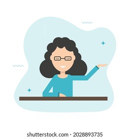 Modern Infographic Element With Woman Presentation For Brochure Design. Cartoon People Vector Illustration. The Person Points With His Hand, Here You Can Place Your Product, Ad, Inscription