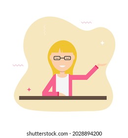 Modern Infographic Element With Woman Presentation For Brochure Design. Cartoon People Vector Illustration. The Person Points With His Hand, Here You Can Place Your Product, Ad, Inscription