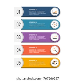 Modern infographic elements. Vector banner with 5 options. Design template with circles and icons. Can be used for workflow layout, diagram, report, number and step up options, web design.
