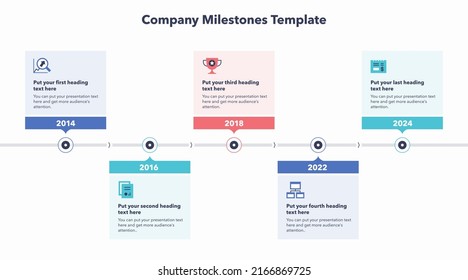 Infografía moderna con cinco etapas para hitos de empresa. Fácil de usar para su sitio web o presentación.