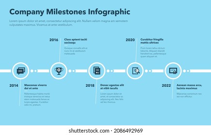 Infografía moderna con cinco pasos para hitos de la empresa - versión azul. Fácil de usar para su sitio web o presentación.