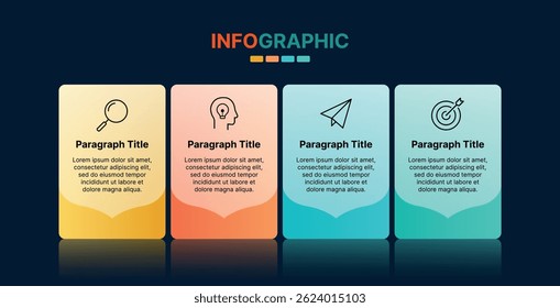 Modern infographic with four colorful sections illustrating steps or concepts using minimal icons and pastel gradients.