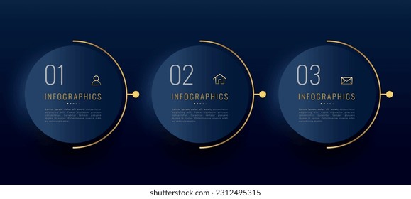 banner de oro de infografía moderna con vector de proceso de marketing en tres pasos