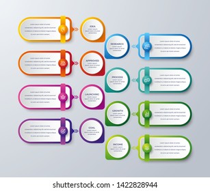 Modern infographic with green, purple, orange, and blue color can be used for your process, steps, workflow layout, and more. Infographic with Idea, research, process, launching, growth, goal icon.