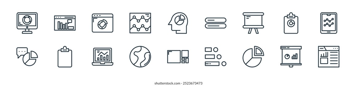 modern infographic icon pack. perfect for linear ui designs featuring vector infographic, statistics, chart, list, infographic, globe, laptop and more icons for mobile and web apps.