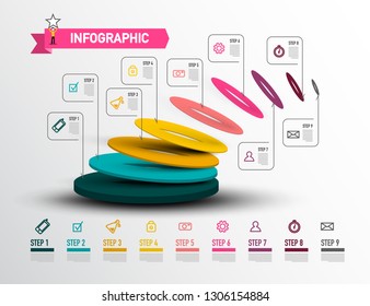 Modern Infographic Layout - Creative Web Preentation. Nine Steps Vector Infographics Design with Data Flow.
