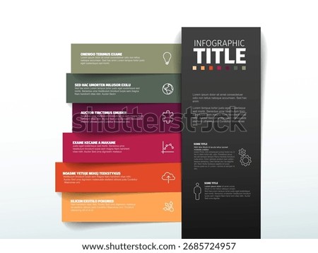 A modern infographic layout eith colorful horizontal tabs text boxes and a vertical dark grey information panel. Versatile infographic template ideal for presenting data and information.