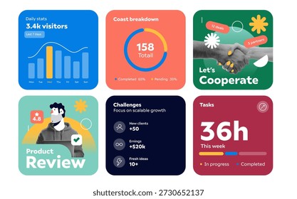 Modelo de layout de infográfico moderno para start-ups e empresas. Placas infográficas empresariais modulares, layouts de combinação e combinação. Perfeito para apresentações de apresentações, relatórios, postagens de mídias sociais e apresentações de apresentações. Blocos totalmente editáveis para métricas, crescimento e insights. Ilustração vetorial