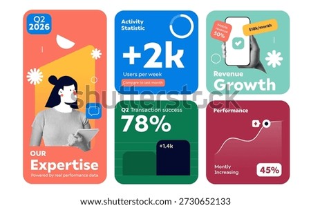 Modern infographic layout template for startups and businesses. Modular business infographic cards, mix and match layouts. Perfect for pitch decks, reports, social media posts, and performance presentations. Fully editable blocks for metrics, growth, and insights. Vector illustration