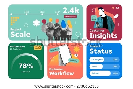 Modern infographic layout template for startups and businesses. Modular business infographic cards, mix and match layouts. Perfect for pitch decks, reports, social media posts, and performance presentations. Fully editable blocks for metrics, growth, and insights. Vector illustration