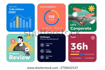 Modern infographic layout template for startups and businesses. Modular business infographic cards, mix and match layouts. Perfect for pitch decks, reports, social media posts, and performance presentations. Fully editable blocks for metrics, growth, and insights. Vector illustration