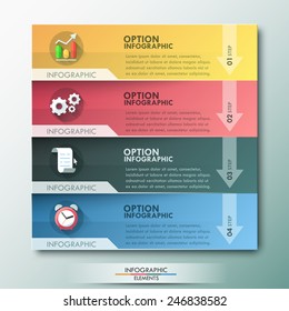 Modern infographic option banner with 4 paper rectangles and flat icons. Vector. Can be used for web design and  workflow layout