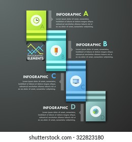 Modern infographic option banner with 4 paper rectangle ribbons on dark background. Vector. Can be used for web design and  workflow layout