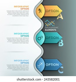 Modern infographic option banner with colorful paper circles and arrows on dark background. Vector. Can be used for web design and  workflow layout
