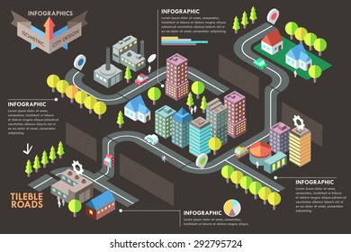 Modern infographic option banner with colorful isometric city. Vector. Can be used for web design and  workflow layout