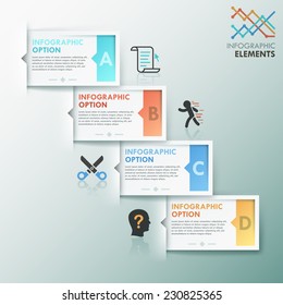 Modern infographic option banner with paper rectangles and icons on grey background. Vector. Can be used for web design and  workflow layout