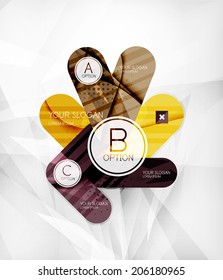 Diseño de opciones infográficas modernas, de elementos solapados en forma redondeada y brillante