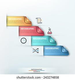 Modern infographic option template with 4 paper ribbons and icons on bright background. Vector. Can be used for web design and  workflow layout