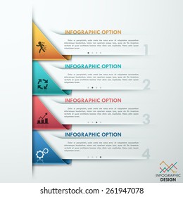 Modern infographic option template with 4 colorful paper triangle sheets on grey background. Vector. Can be used for web design and  workflow layout