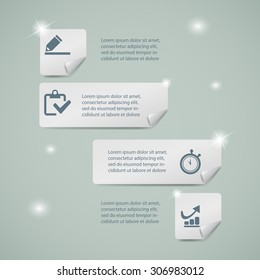 Modern infographic option template with 4 rectangle paper sheets and icons on grey background. Vector. Can be used for web design and workflow layout