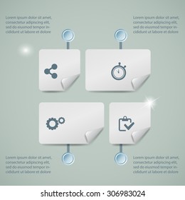 Modern infographic option template with 4 rectangle paper sheets and icons on grey background. Vector. Can be used for web design and workflow layout