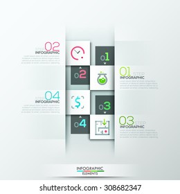 Modern infographic option template with 4 white paper rectangles and icons on grey background. Vector. Can be used for web design and  workflow layout