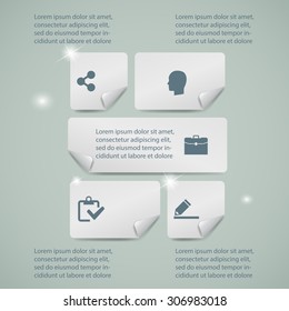 Modern infographic option template with 5 rectangle paper sheets and icons on grey background. Vector. Can be used for web design and workflow layout