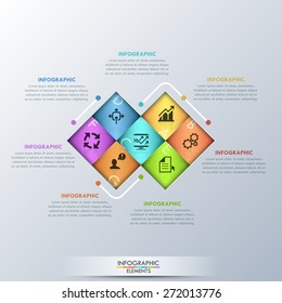 Modern infographic option template with 7 colorful paper rectangles and icons on grey background. Vector. Can be used for web design and  workflow layout